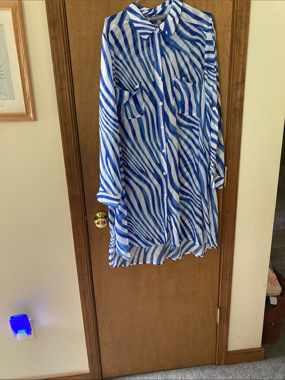 Blue  and white long sleeve shirt. for swim cover up & never used.  Knee length